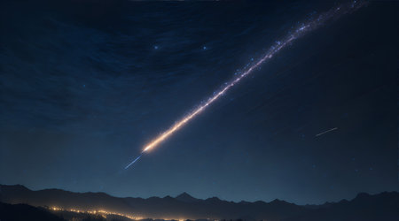 A comet in the night sky with stars and mountains. AI-generated image.の素材