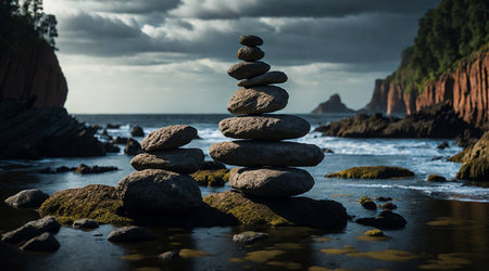 Stacked stones on the sea shore in the evening. No: D. AI-generated image.の素材