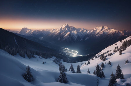 Fantastic winter landscape with snowy mountains at night. Beauty world.の素材