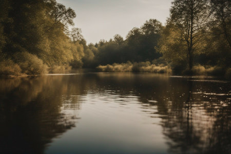 calm water with trees aroundの素材