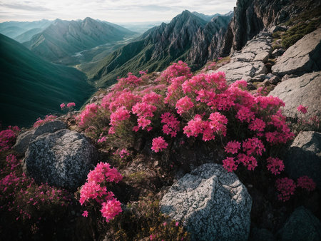 pink flowers growing on a rocky surfaceの素材