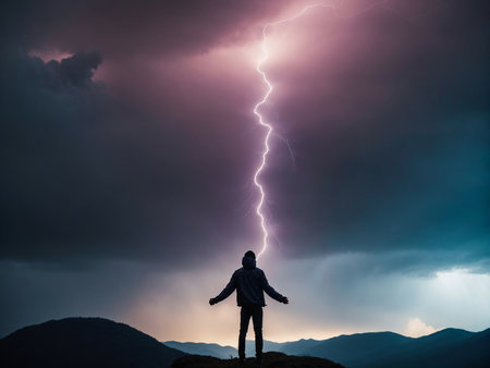 Conceptual image of man standing on top of mountain with lightningの素材