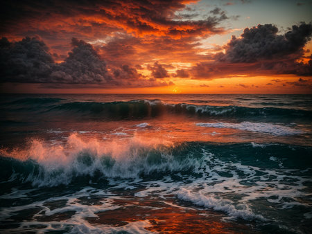 Beautiful sunset over the sea. Dramatic sky with clouds and wavesの素材