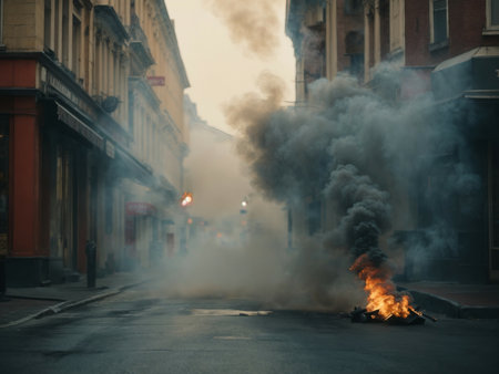 Burning fire in the street during a protest in the cityの素材