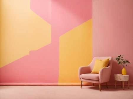 Interior of modern living room with pink armchair and orange wallの素材