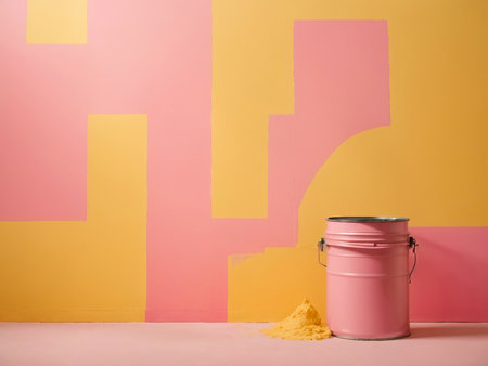 Paint bucket with color powder on pink and yellow background. Home renovation conceptの素材