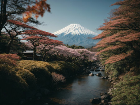 Japanese Mountain and Its Flowing Creekの素材