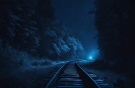 Black railway surrounded by trees in the nightの素材