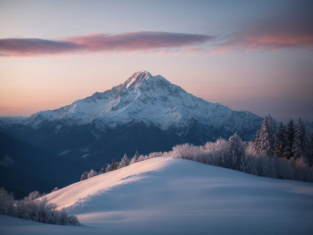 Sunset in the mountains. Beautiful winter landscape. Sunrise in the mountains.の素材
