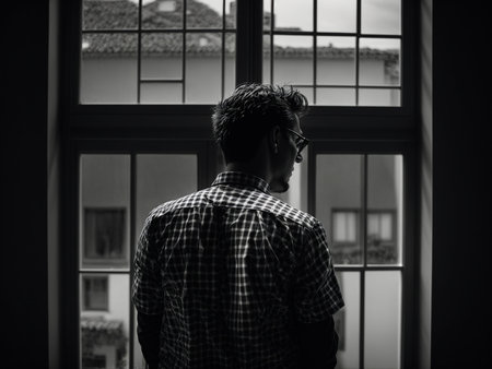 A lonely man standing in front of a windowの素材