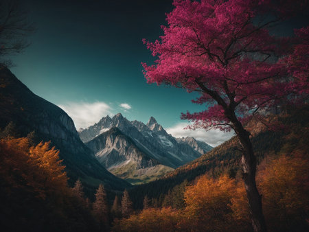 Autumnal Serenity: Mountains and Colorful Treesの素材