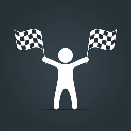 Man with checkered flag icon. Man holding flag. Vector isolated illustration.のイラスト素材