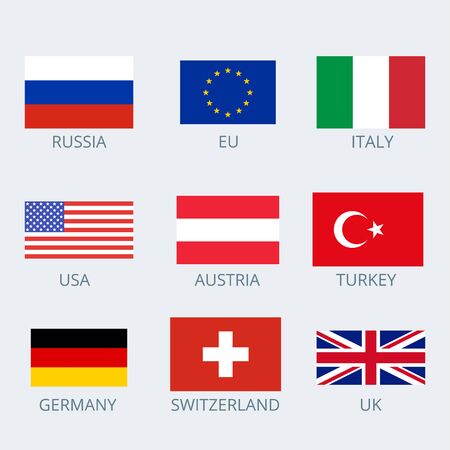 Icons set of various country's flags. Collection flags of Russia, European Union, Italy, Germany, Austria,  Turkey, USA, UK and Switzerland. Vector illustration.のイラスト素材