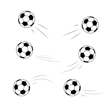 Set of soccer ball icons on white background. Balls fly in different directions, a trace from the flight. Vector illustration.のイラスト素材
