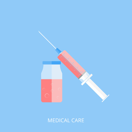 Medicine and a medical syringe filled with red liquid. Blue background and flat style. Vector illustration.のイラスト素材