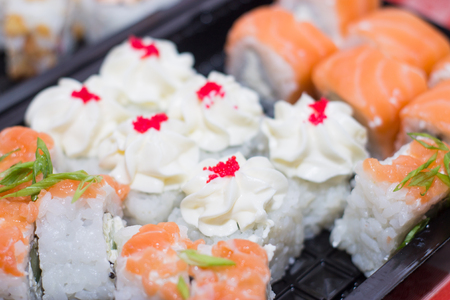 Set of sushi rolls. Asian food. Japanese restaurant. Dietary and healthy food.の写真素材