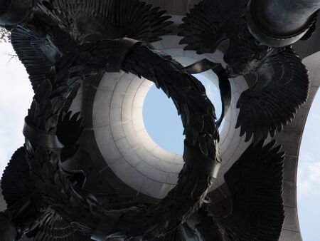 Upwards shot of World War II Pacific Memorial with victors laurels in Washington D.C.. Blue sky in background on daytime.の写真素材