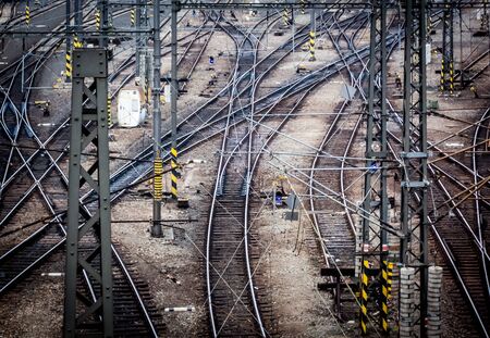 Rail tracks and intersections at main train station in Prague, Czech Republic. Abstract for destination and arrival.の写真素材