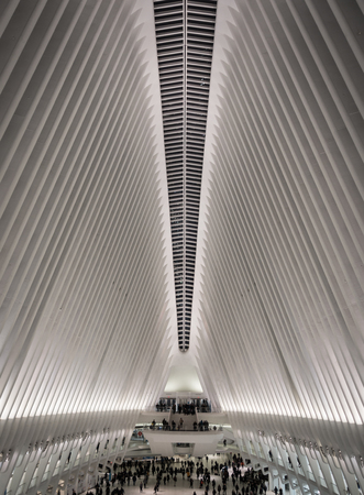 Interior shot of Oculus subway station in manhattan. Beautiful architecture with straight lines....
