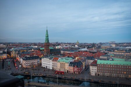 Aerial cityscape of Copenhagen downtown with churches, canals and palace dome. Daytime shot, traffic visible. No people, copyspace.の写真素材