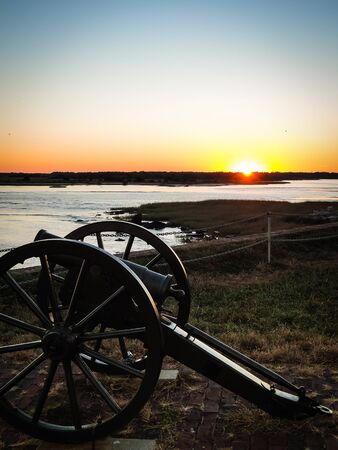 Historic civil war cannon on Fort Sumter island near Charleston, South Carolina before beautiful...