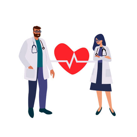 Doctors in laboratory researches heart organ healthcare medical concept flat vector illustration. Cardiologists men women check cardiogram, determine diagnosis disease treatment. Pharmacy research.のイラスト素材