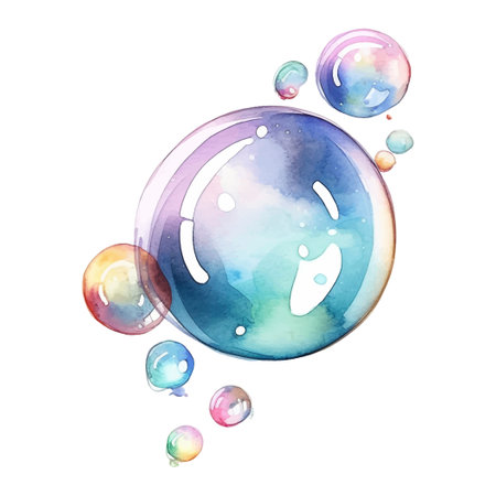 Soap Bubbles Watercolor Illustration. Hand drawn Colorful vector illustration isolated on white...