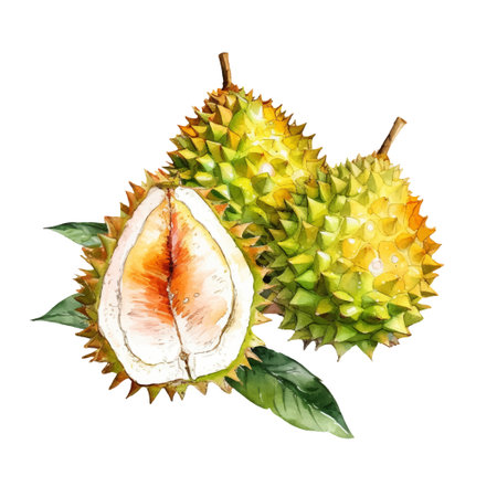 Watercolor Durian Fruit Illustration. Hand-drawn fresh food design element isolated on a white background.のイラスト素材