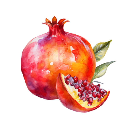 Watercolor Pomegranate Illustration. Hand-drawn fresh food design element isolated on a white background.のイラスト素材