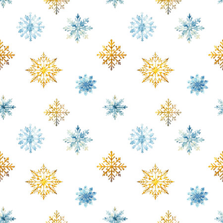 Watercolor snowflake pattern. Hand Drawn Blue and Gold Snowflake seamless printの写真素材