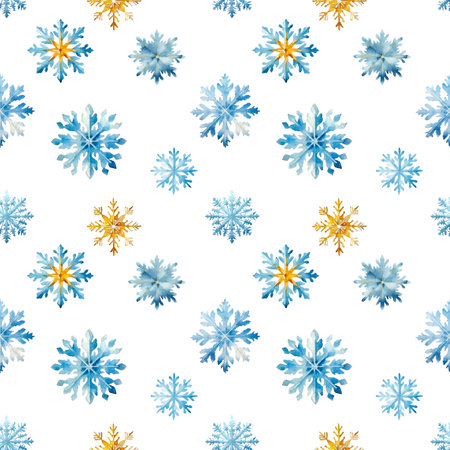 Watercolor snowflake pattern. Hand Drawn Blue and Gold Snowflake seamless printの写真素材
