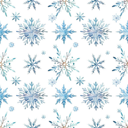 Watercolor snowflake pattern. Hand Drawn Blue Snowflake seamless printの写真素材
