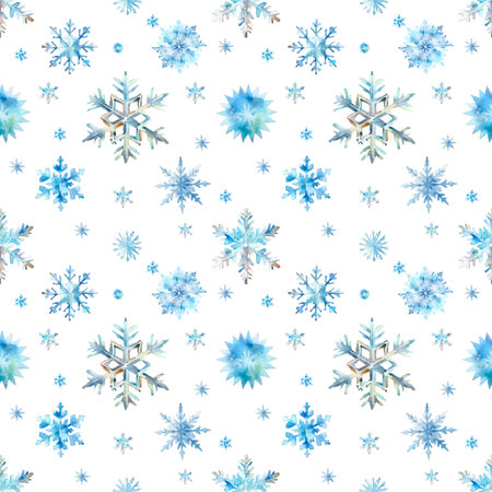 Watercolor snowflake pattern. Hand Drawn Blue Snowflake seamless printの写真素材
