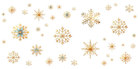Watercolor snowflake background. Hand Drawn illustration in Blue and Gold colors. Christmas vibe...