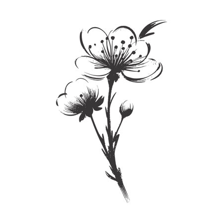 Cherry flower blossom, botanical art. Spring almond, sakura, apple tree branch, hand draw doodle vector illustration. Cute black ink art, isolated on white background. Realistic floral bloom sketchのイラスト素材