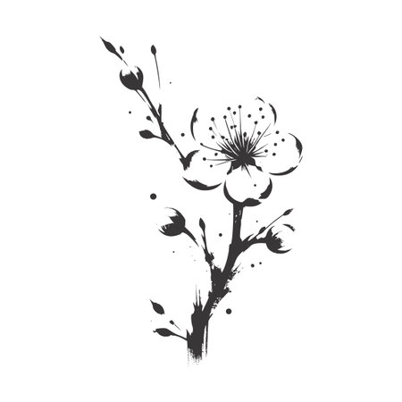 Cherry flower blossom, botanical art. Spring almond, sakura, apple tree branch, hand draw doodle vector illustration. Cute black ink art, isolated on white background. Realistic floral bloom sketchのイラスト素材