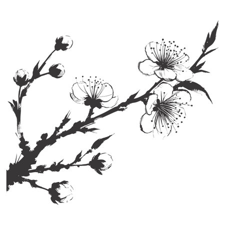 Cherry flower blossom, botanical art. Spring almond, sakura, apple tree branch, hand draw doodle vector illustration. Cute black ink art, isolated on white background. Realistic floral bloom sketchのイラスト素材