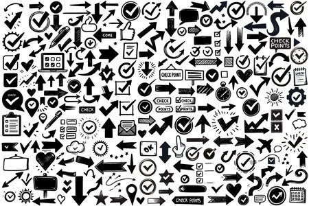 Set of cute pen line doodle element vector. Hand drawn doodle style collection of speech bubble, arrow, firework, star, heart, thunderbolt. Design for decoration, sticker, idol poster, social media.のイラスト素材