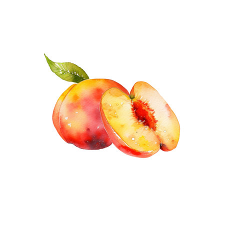 Watercolor Peach Illustration. Hand-drawn fresh food design element isolated on a white background.の写真素材