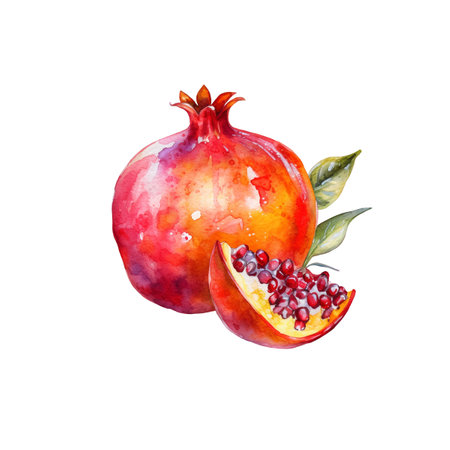 Watercolor Pomegranate Illustration. Hand-drawn fresh food design element isolated on a white background.の写真素材