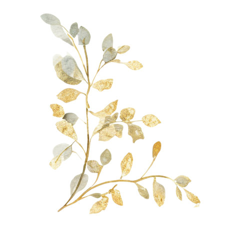 Gold green leaves wedding arrangement isolated on white backgroundの写真素材
