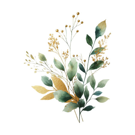 watercolor bouquet of  leaves on white background. hand painted flowers, gold and jade flowers witn leaves. wedding invitation, card, greeting card or invitation. vector collectionのイラスト素材
