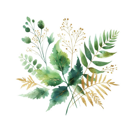 watercolor bouquet of  leaves on white background. hand painted flowers, gold and jade flowers witn leaves. wedding invitation, card, greeting card or invitation. vector collectionのイラスト素材