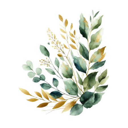 watercolor bouquet of  leaves on white background. hand painted flowers, gold and jade flowers witn leaves. wedding invitation, card, greeting card or invitation. vector collectionのイラスト素材