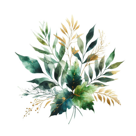 watercolor bouquet of  leaves on white background. hand painted flowers, gold and jade flowers witn leaves. wedding invitation, card, greeting card or invitation. vector collectionのイラスト素材