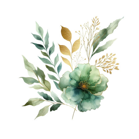 watercolor flowers and leaves on white background. hand painted flowers, gold and jade flowers witn leaves. wedding invitation, card, greeting card or invitation. vector collectionのイラスト素材