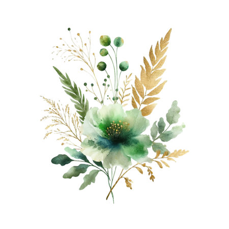 watercolor flowers and leaves on white background. hand painted flowers, gold and jade flowers witn leaves. wedding invitation, card, greeting card or invitation. vector collectionのイラスト素材
