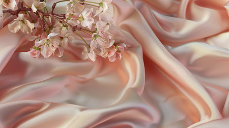 Delicate flowers on beige satin fabric background, card, invitation. Romantic design. Copy spaceの写真素材