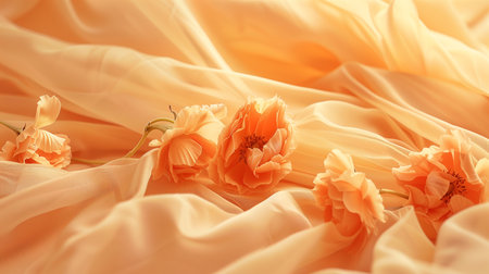 Delicate flowers on golden satin fabric background, card, invitation. Romantic design. Copy spaceの写真素材