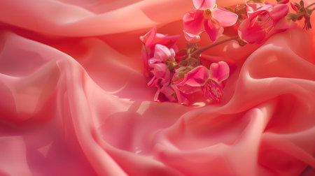Delicate flowers on coral satin fabric background, card, invitation. Romantic design. Copy spaceの写真素材
